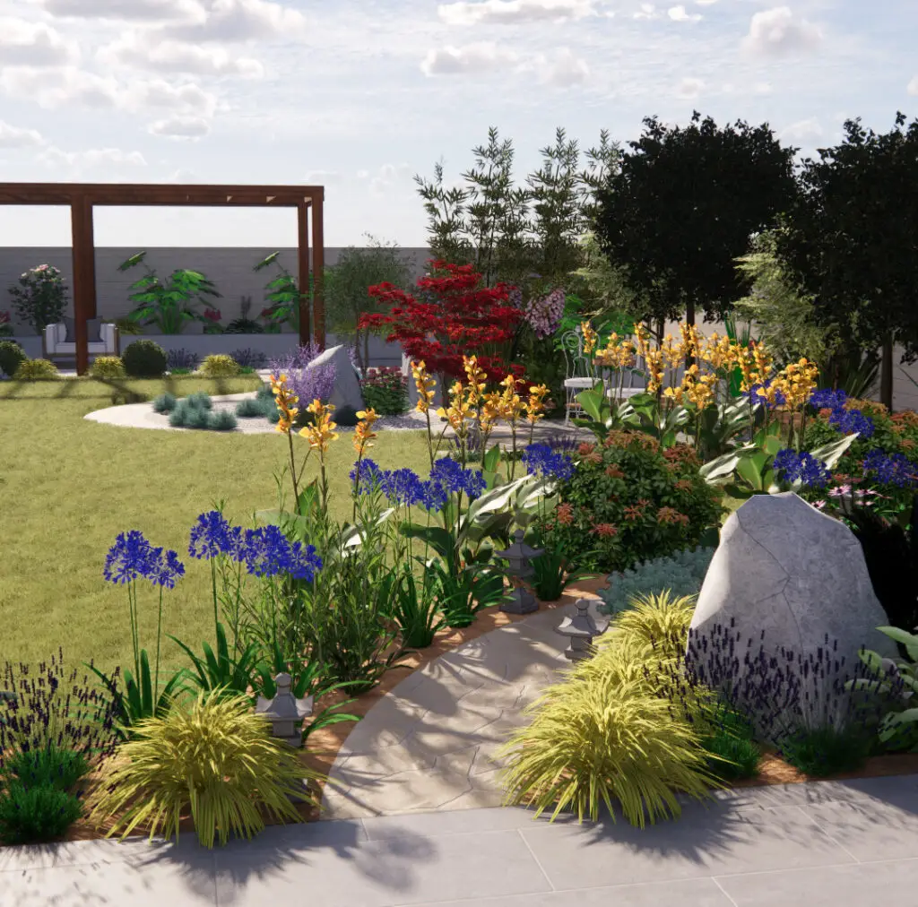 vibrant garden design with an oriental feel in Churchtown Merseyside 09